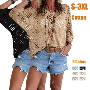 100% Cotton Boho Crochet Knit Top, Relaxed Fit V-Neck Summer Sweater, Sexy Hollow Out Beach Cover Up, Plus Size Loose Pullover S-3XL