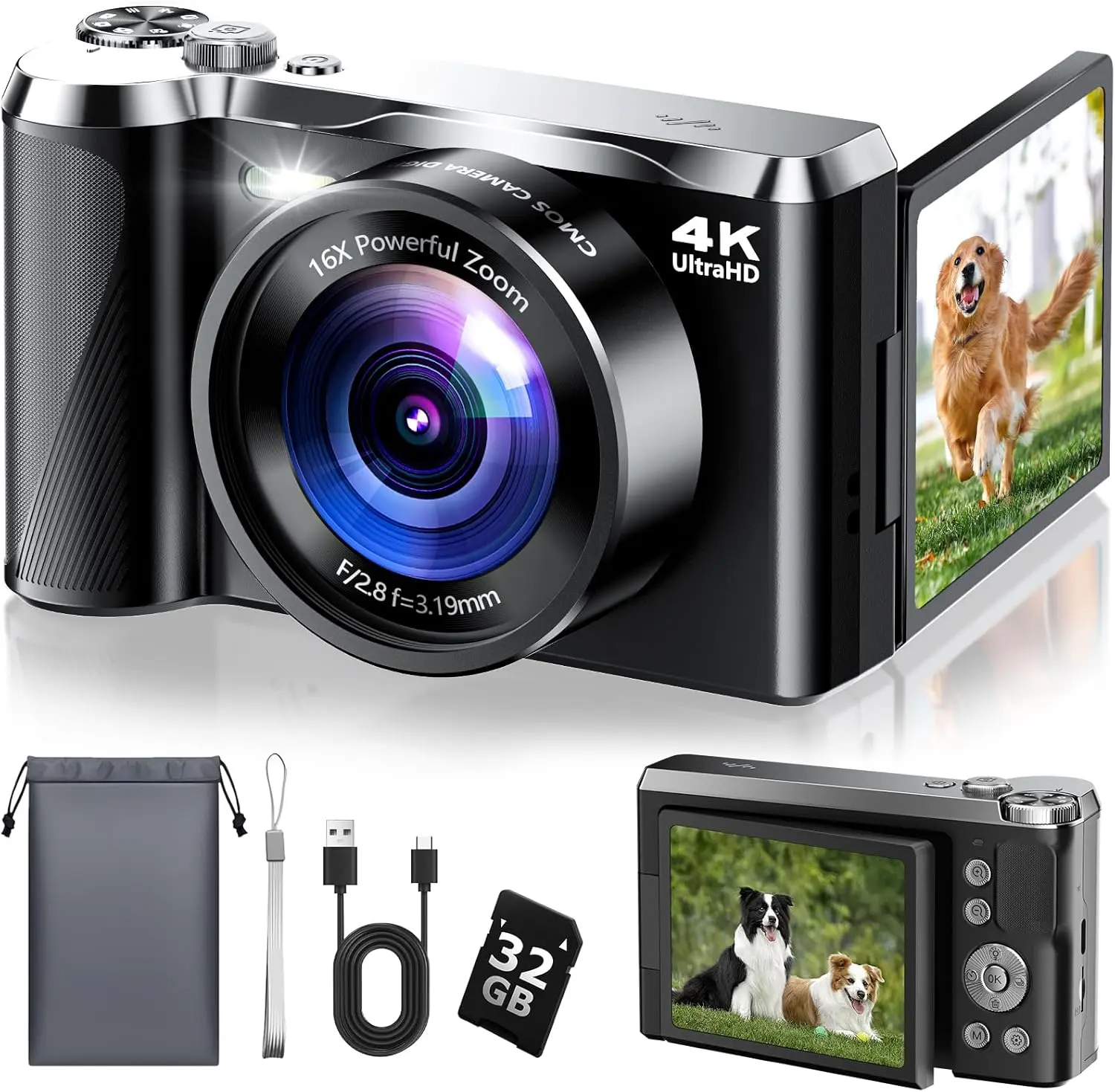 4K Digital Camera for Photography- 56MP Autofocus Vlogging Camera with 3" 180° Flip Screen, 16X Zoom, Flash- Digital Point and Shoot Camera for Travel & Home- Portable Gift for Teens & Beginners