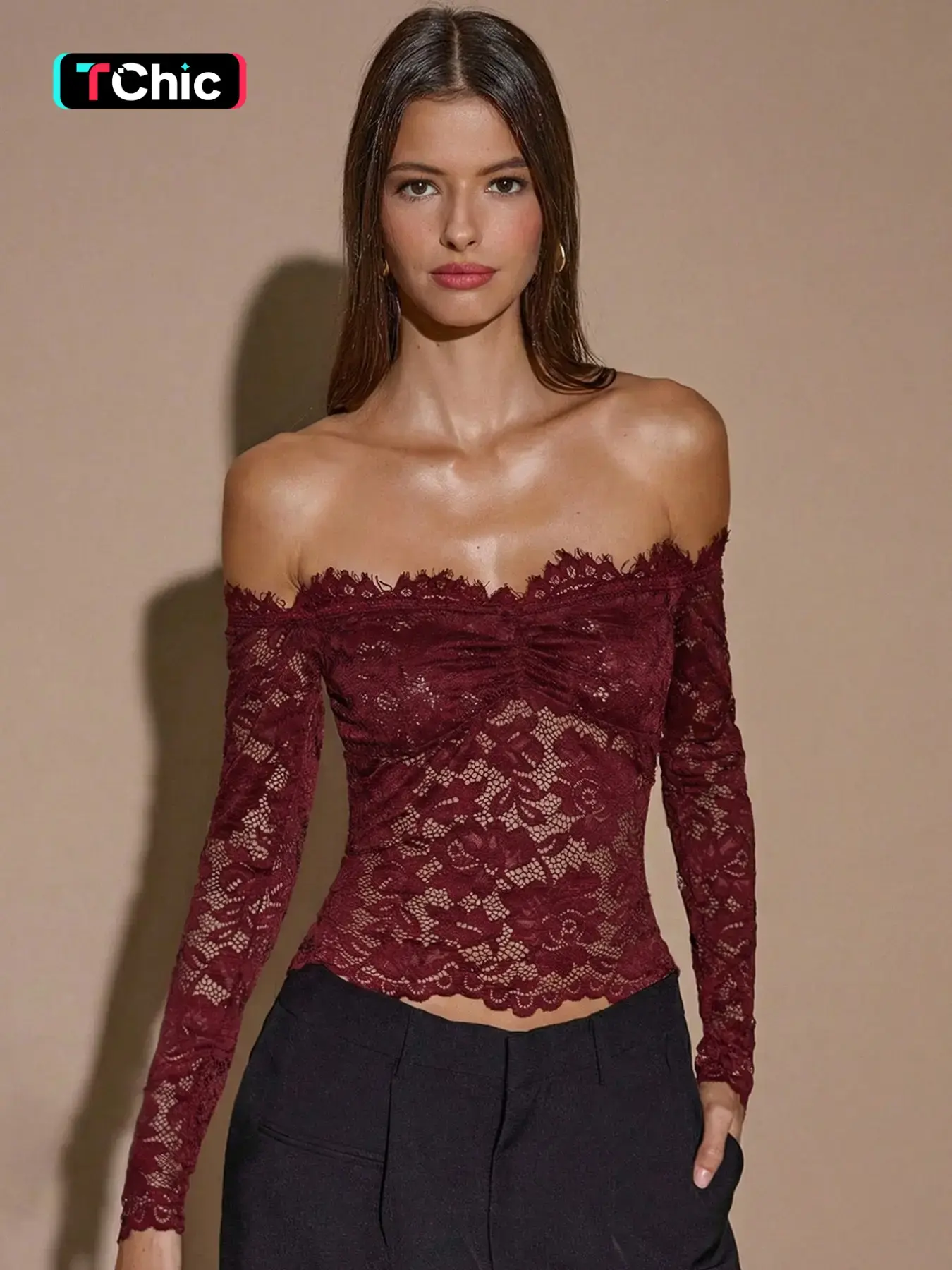 Women's Contrast Lace Floral Sheer Long Sleeve Tube T-shirt Top, Babydoll Blouses, Solid Color Sexy See Through Ruched Ruffled Trim Hem Strapless Backless Blouse, Party Daily Casual Crop Top For Ladies Spring & Fall Clothes