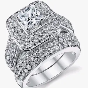 Women's 1Ct. Sterling Silver 925 Princess-cut Double Halo Cubic Zirconia Wedding Engagement Ring Set