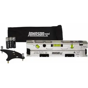 Johnson Level & Tool 3 Beam 100' (Interior) Max Range Torpedo Laser Level Red Beam, 1/8" at 50' Accuracy, 3-1/8" Long x 10" Wide x 2-1/4" High, Battery Included 40-6184