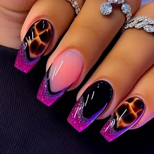 Trendy Ombre French Nail Tips with and Gradient, Animal Print Glittering Fake Nails for Parties and Daily Wear, Short Length Design