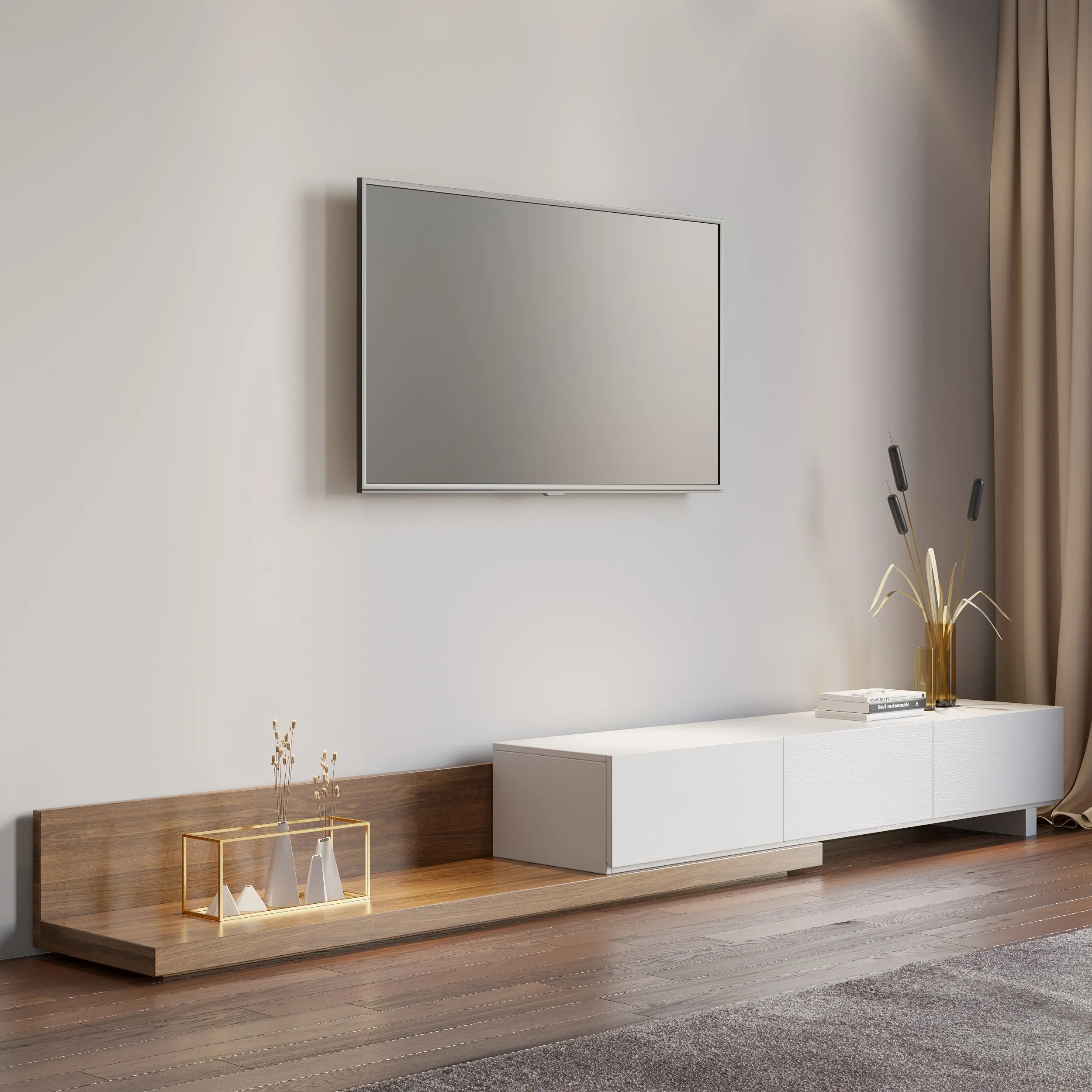 Homary Extendable Floor Walnut TV Stand with 3 Drawers(84"-110")