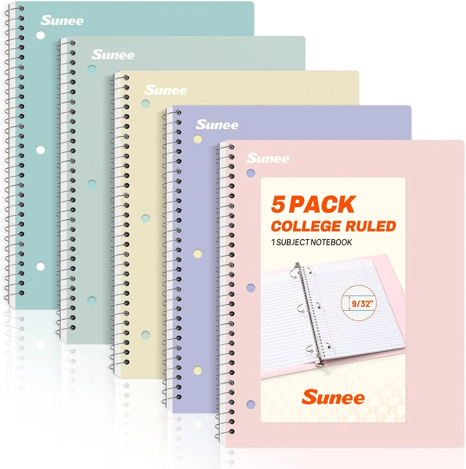 SUNEES Spiral Notebooks, 1-Subject, 5 Pack, College Ruled Paper, 8" x 10-1/2", 70 Sheets per Notebook,3-Hole Punched Paper, Pink,Purple, Blue, Green, Yellow Spiral Lined Notebooks for School, Work