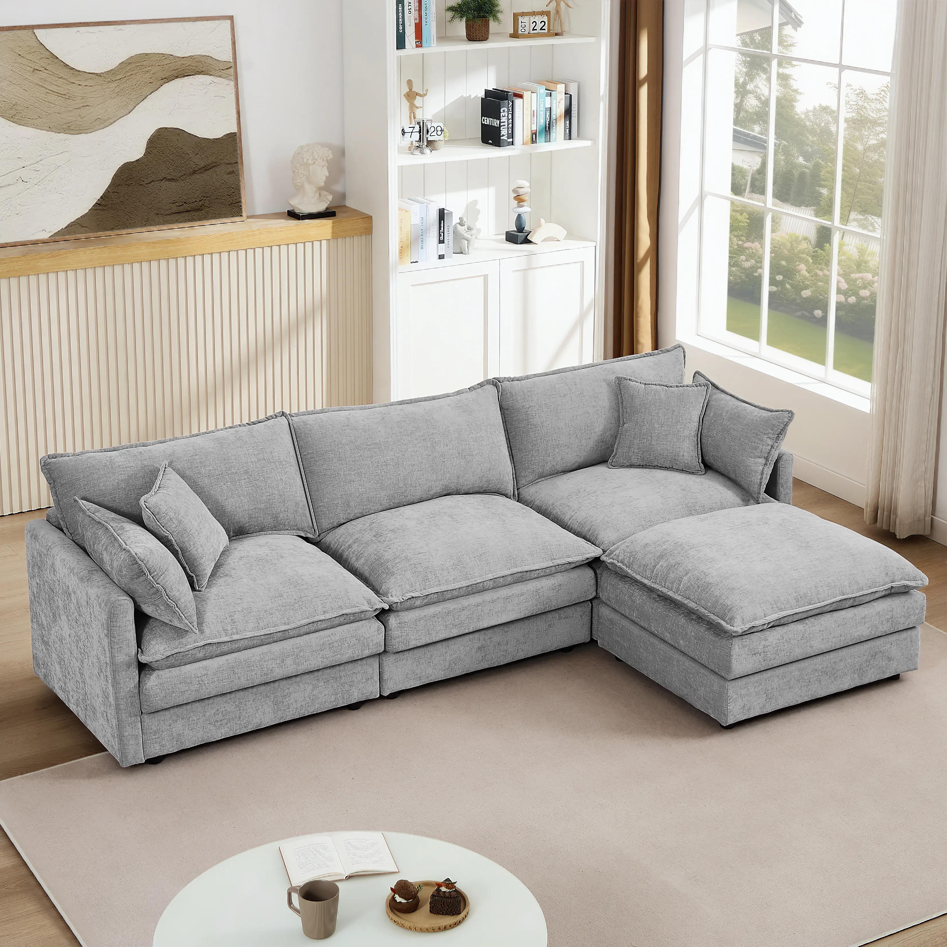 102" Oversized L-Shaped Sturdy Chenille Sofa Settee - 3-Seater Comfy Couch, Fluffy Sofa Set, Movable Ottoman, DIY Combination Modern Sofas for Living Room, Indoor Living Room Furniture