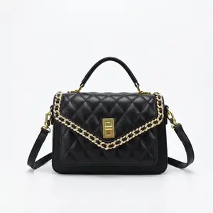 Quilted Genuine Leather Flap mini Bag Top Handle Crossbody Purse with Chain Trim tote