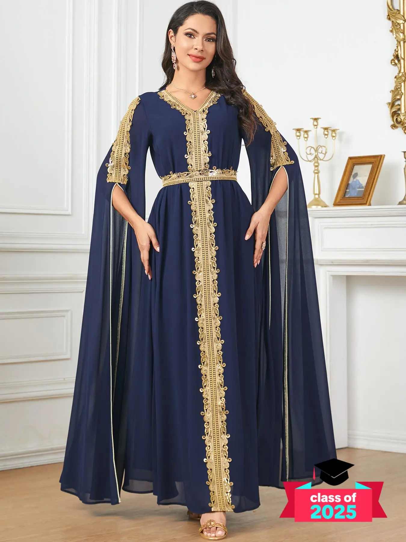 Arabic Clothing-embroidered Trim Sheer Split Sleeve A Line Arabian Dress, Modest Elegant Extra-long Sleeve Long Arabian Dress, Women's Islamic Clothin