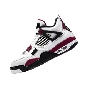 High Top Basketball Sneakers for Men White Burgundy Black, Non Slip Breathable Shock Absorbing Air Cushion, Wear Resistant Anti-Sprain Shoes for Gym Indoor Outdoor Basketball Running Workout Competition