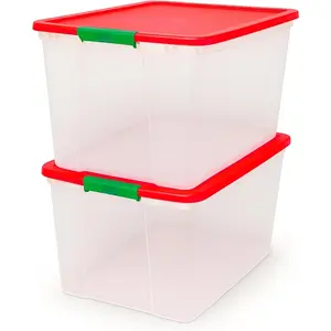 2Pack Secure Latch Clear Plastic Storage Organizer Bins 64 Quart Red Lid Stackable Container Boxes for Bedroom Bathroom Garage and Office Organization