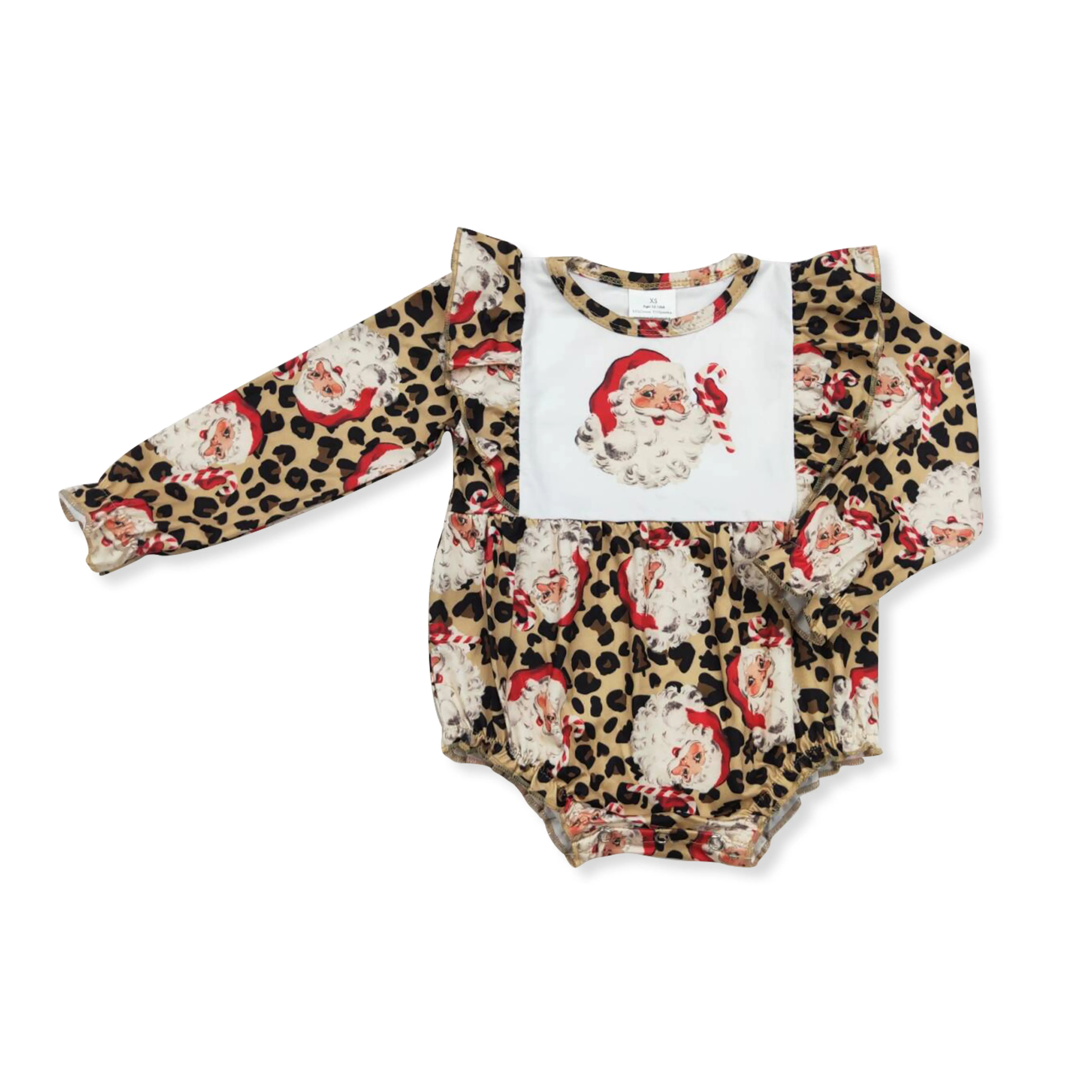 Girls' Christmas Santa Leopard Print Long Sleeve Onesie Bodysuit, Toddler Onesies, Infant Toddler Clothes, Holiday 2T Bodysuit