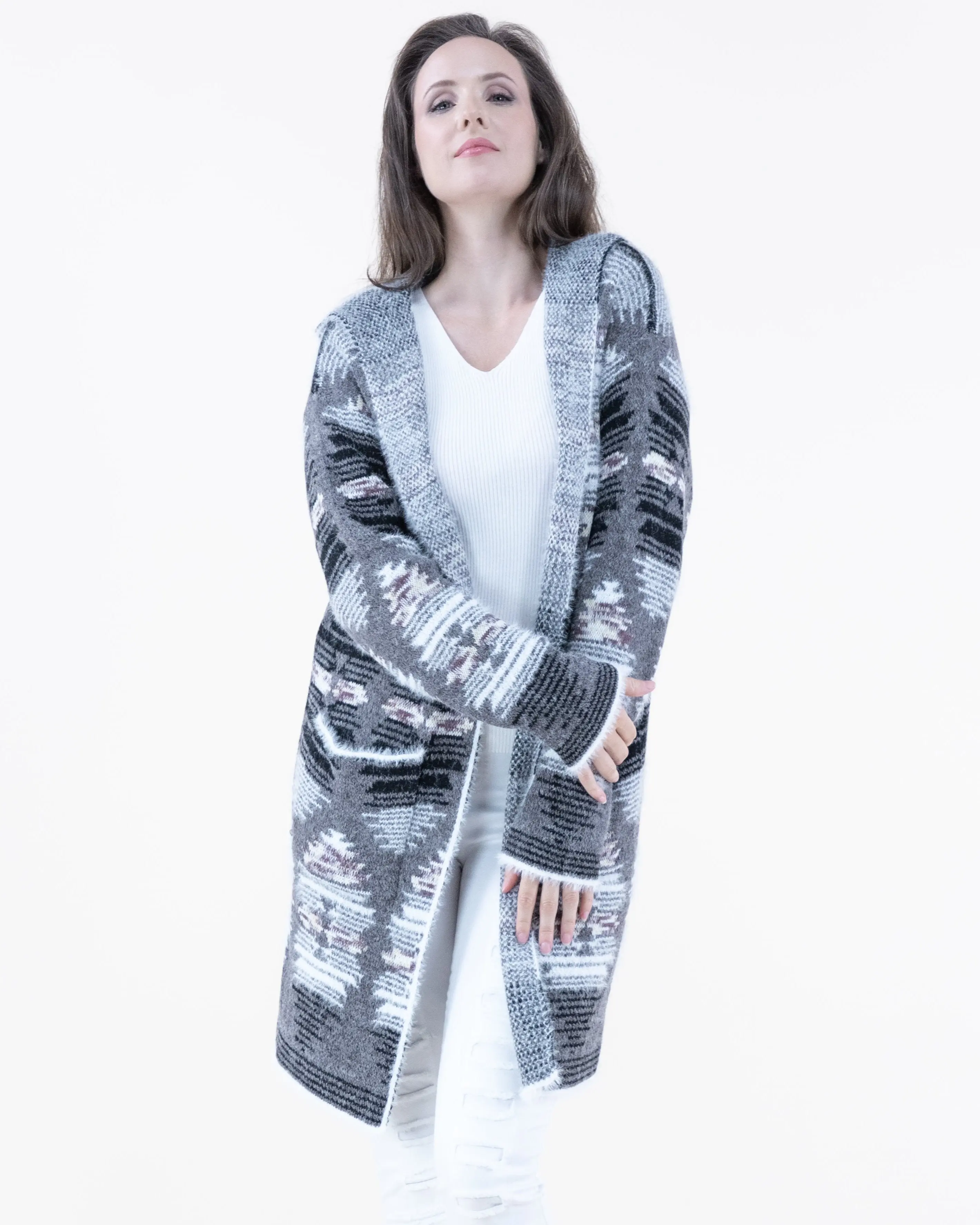 Casual Native Print Eyelash Duster Cardigan