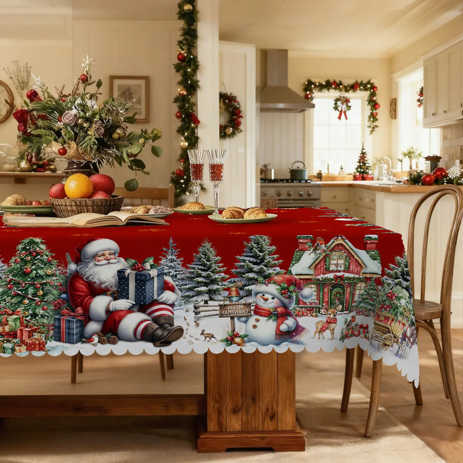 【Christmas decor】EIKIONE Festive Snowman Christmas Table Cloth Machine Washable Polyester Table Cover for Family Parties Easy Care Reusable Indoor Outdoor Wrinkle Free Great for Parties Catering Events and Seasonal Displays