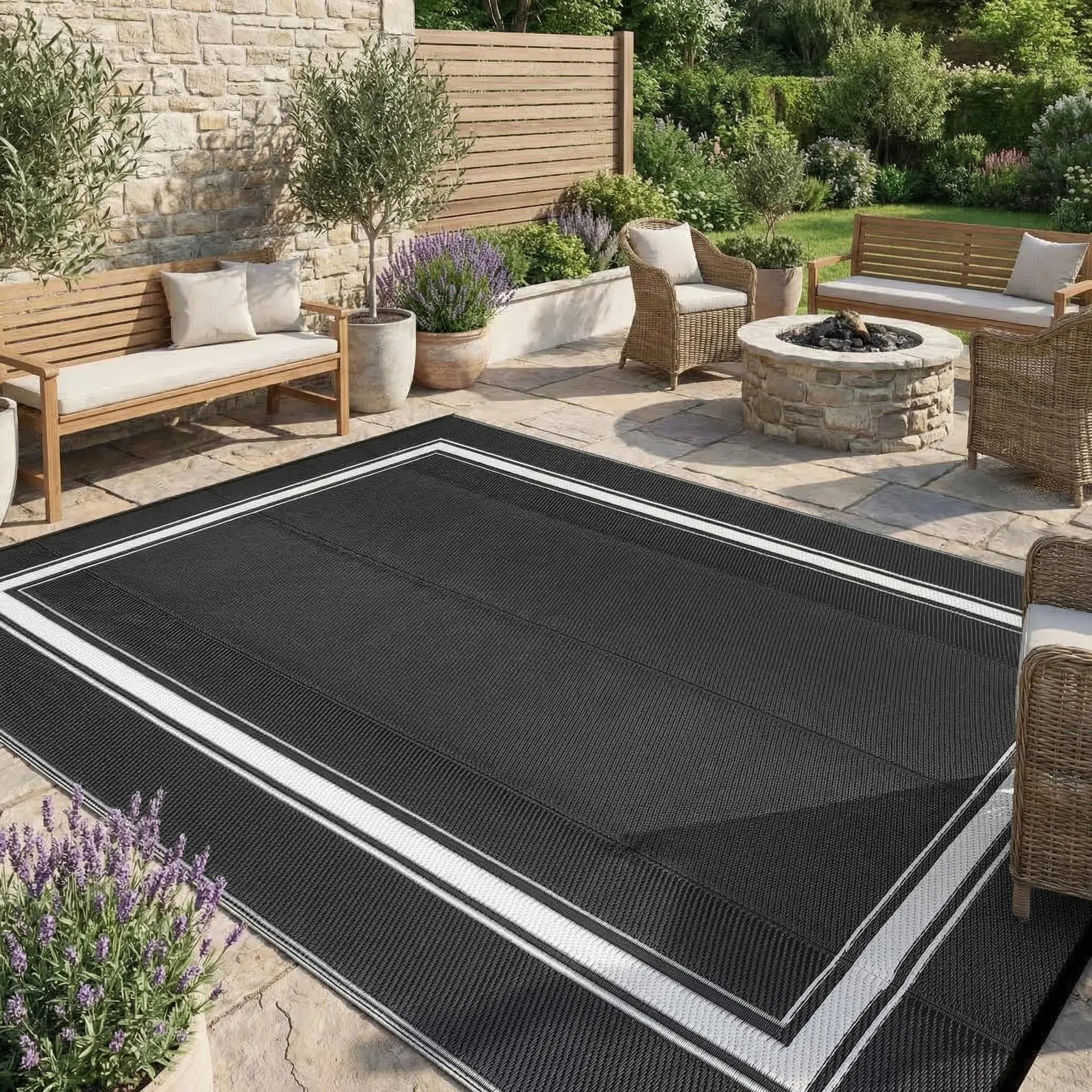 Black&White Waterproof Outdoor Rug 9x12 Reversible Plastic Straw Rug Modern Patio Carpet, Foldable Lightweight RV Camping Mat with Portable Bag & 4 Stakes, UV Resistant & Sturdy for Picnic