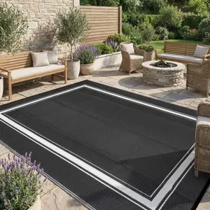 GAOMON Black&White Waterproof Outdoor Rug 9x12 Reversible Plastic Straw Rug Modern Patio Carpet, Foldable Lightweight RV Camping Mat with Portable Bag & 4 Stakes, UV Resistant & Sturdy for Picnic