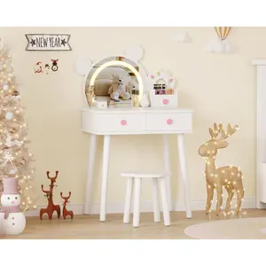 Adorable White Kids Vanity Set with Cute Bear Mirror & Flower Shape Stool, 3-Color Touch LED Lighted Makeup Table with Storage Drawers, Perfect MDF Bedroom Furniture for Girls Ages 3 and Up