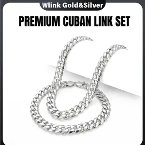[Set]925 Silver Plated Cuban Link Chain Jewelry , 0.276 inch High Gloss Polished Anti-Fade Curb Chain Necklace & Bracelet, Skin Friendly Comfortable Hip Hop Street Jewelry Gift, 19.69/23.62 Inch Necklace & 7.87 Inch Bracelet with Secure Lobster Clasp