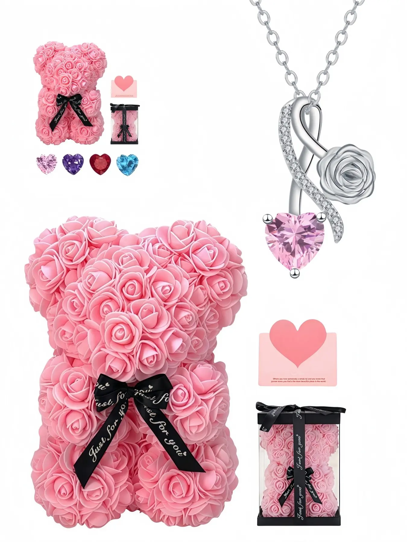 Silk Twined Rose Heart, Crimson Vow light luxury heart-shaped rose gem necklace, Paired with a preserved rose & teddy bear gift box, Perfect gift for birthdays, Valentine’s Day, Mother’s Day and Christmas, Love Heart Necklace, Heart Design Jewelry
