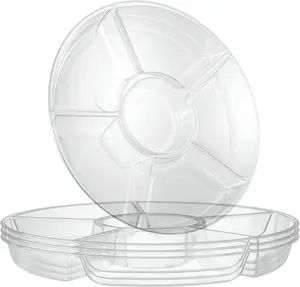 6 Sectional Round Plastic Serving Tray/Platters Clear Pack of 2