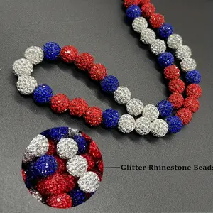 Iced Bling Disco Ball Statement Necklace - 50cm Unisex Glitter Rhinestone Crystal Beads Baseball Necklace with Pink Blue Silver Crosses, Prayer Fashion Costume Jewelry