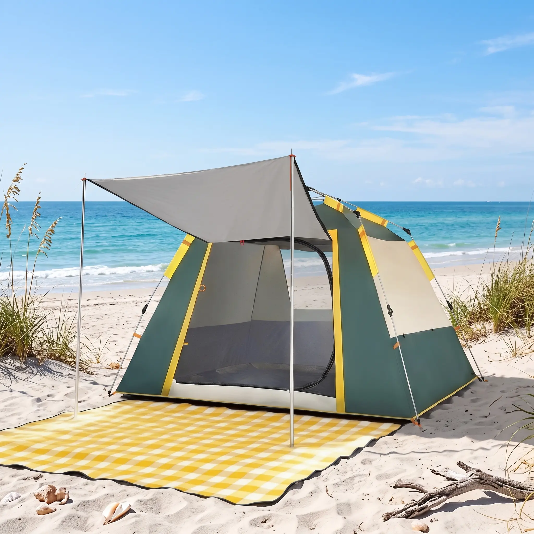 Pop Up Camping Tent with Extension Canopy, Instant Cabin Family Tent with 2 Doors & Rain Fly, Lightweight Weatherproof Portable Outdoor Shelter for Backpacking, Hiking, Beach Traveling