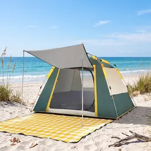 Pop Up Camping Tent with Extension Canopy, Instant Cabin Family Tent with 2 Doors & Rain Fly, Lightweight Weatherproof Portable Outdoor Shelter for Backpacking, Hiking, Beach Traveling