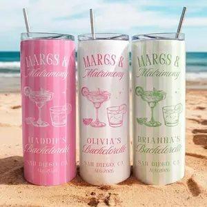BojjiCo Personalized Portable Stainless Steel Skinny Tumbler - Preppy Retro Pastel Pink Green White Margarita Cup, Custom Destination Drinkware with Straw, Bridesmaids Bachelorette Party Favors