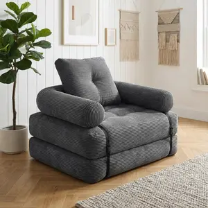 QIMENG Convertible Single Seater Sofa Bed - Soft Corduroy Boneless Floor Couch with Armrests, Back Support, Pillow, Portable Fold-Out Mattress, Traditional Look, Living Room Sofas for 1 Person Bedroom