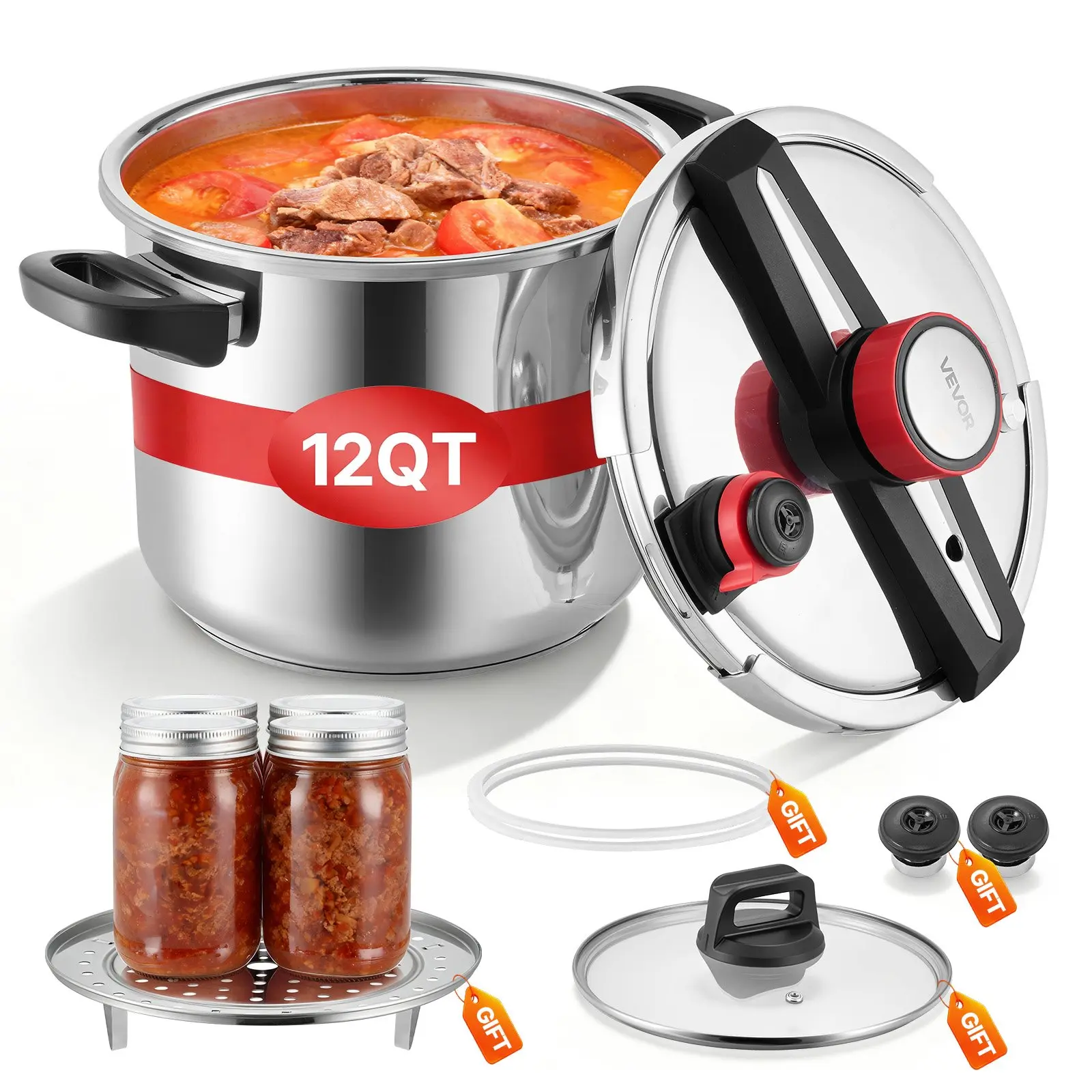VEVOR Pressure Cooker, 12Qt Pressure Cooker Stainless Steel, Pressures Canner with Steaming Rack, Tempered Glass Lid, Three Pressures Settings for Meat, Beans, Rice, Soup, Sauces, Cook up to 100 kPa