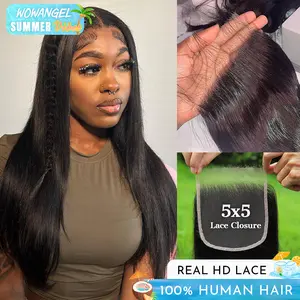 WOWANGEL 5X5 HD Lace Closure Human Hair Pre Plucked Natural Hairline Bleached Knots Straight Body Wave
