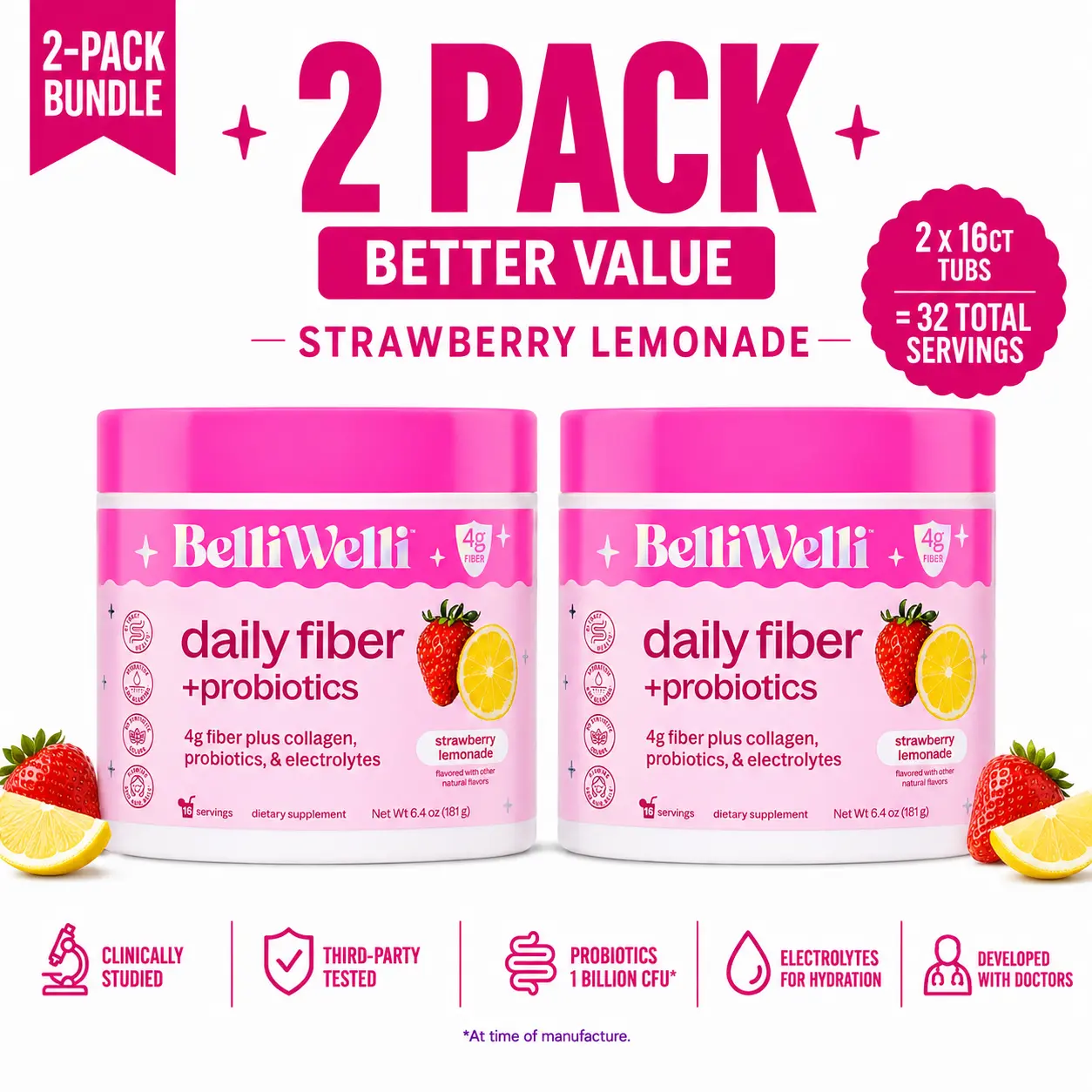 BelliWelli Daily Fiber + Probiotics - Strawberry Lemonade - 30 day