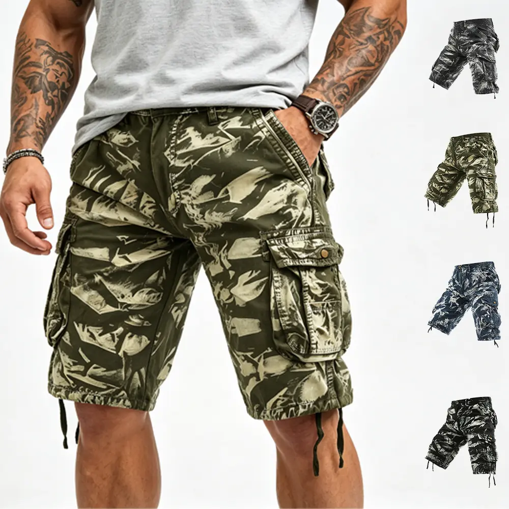 Men's Pure Cotton Cargo Shorts - Mid Waist, Mid-Length, Multi-Pocket 3D Storage, Washed Distressed Finish, Drawstring Hem, Fitted Cut, Street Chic Casual Everyday Menswear Bottoms