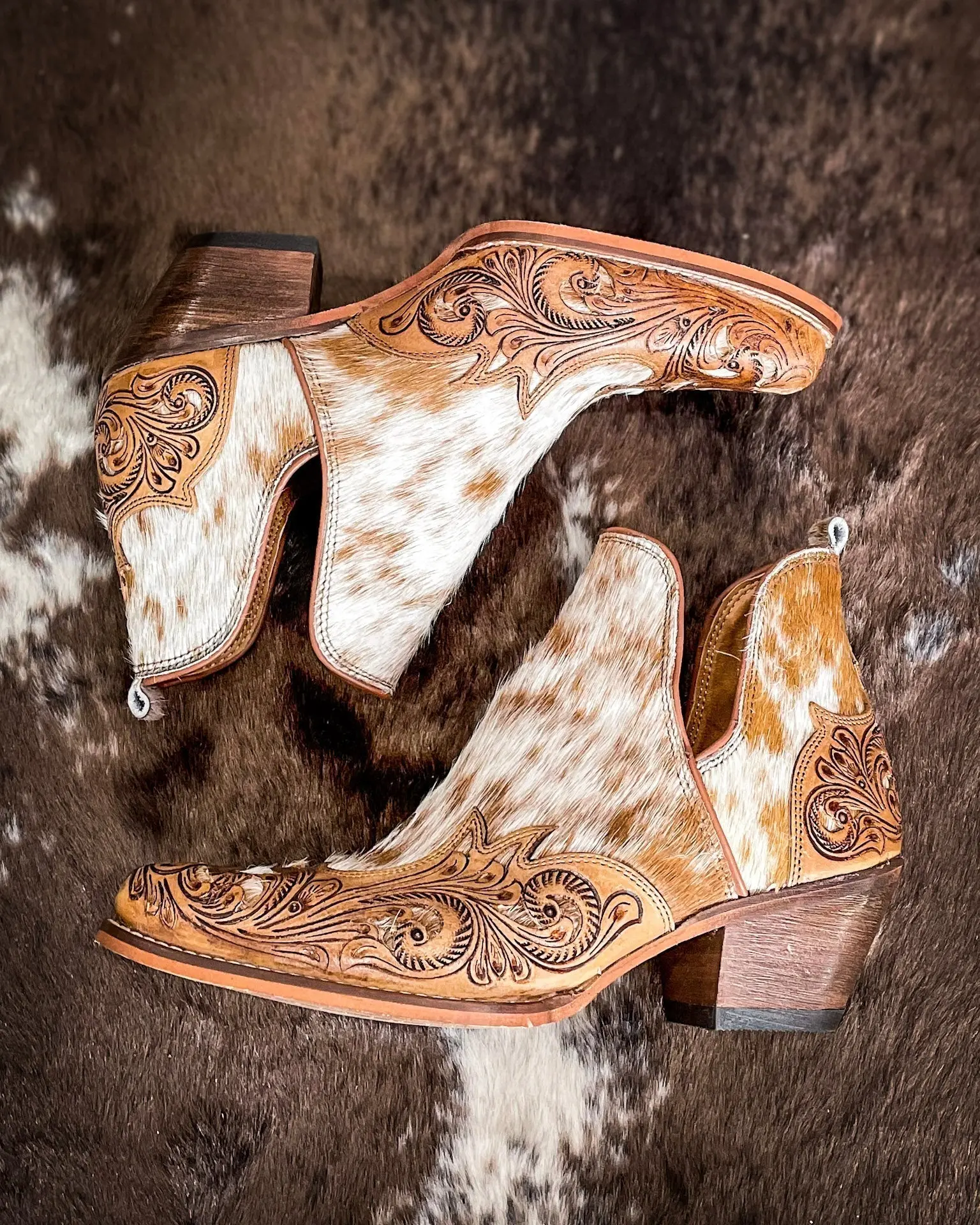Myra Bag Women's Hand-Tooled Hair-On Leather Booties - Stylish Women's Footwear for Casual Wear