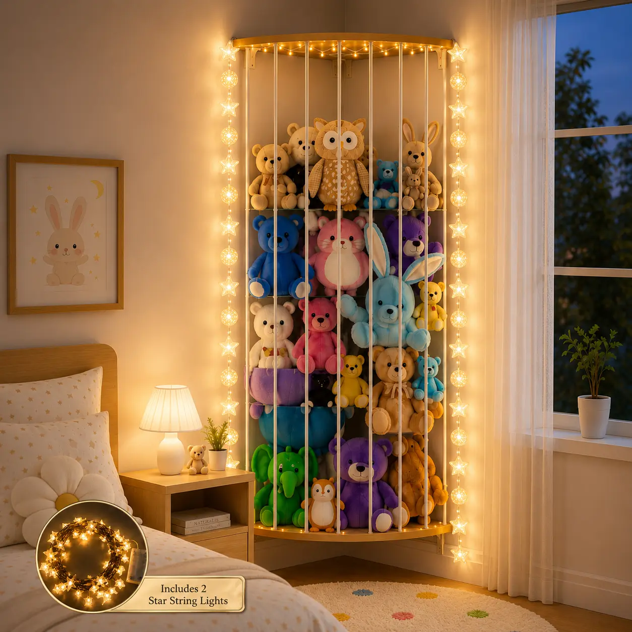 Wooden Star Corner Stuffed Animal Storage, Wall-Mounted Kids' Room Organizer with Elastic Cords, Adjustable Height Space-Saving Toy Holder Rack for Nursery Bedroom