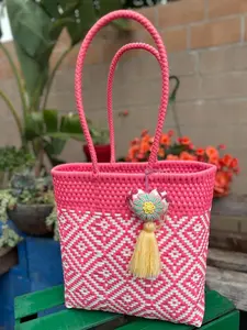 Handmade Mercado Bag - Bolsa Tejida a Mano de Plastico - Pink Mexican Artisanal Market Bag with Yellow Tassel - Meaningful Gifts for Women
