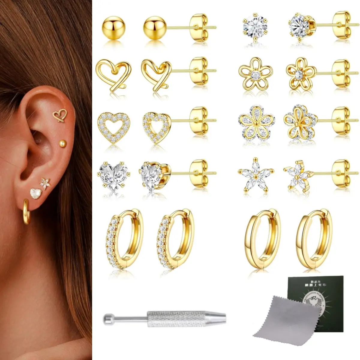 10 Pairs 14K Gold Plated CZ Stud & Huggie Earring Complete Set, Hypoallergenic Dainty Flower Heart Earrings with Earring Grabber, Silver Polishing Cloth & Mini Jewelry Storage Box, Delicate Jewelry Gift Kit for Women Girls
