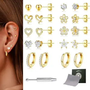 10 Pairs 14K Gold Plated CZ Stud & Huggie Earring Complete Set, Hypoallergenic Dainty Flower Heart Earrings with Earring Grabber, Silver Polishing Cloth & Mini Jewelry Storage Box, Delicate Jewelry Gift Kit for Women Girls