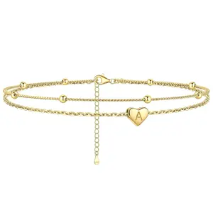 Orphic Women's Stainless Steel Ankle Bracelet, Layered A-Z Initial Heart Beaded Anklet, Waterproof Sweatproof Dainty Ankle Chain, Summer Beach Jewelry Gift for Girlfriend