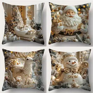 4pcs, Festive Christmas Throw Pillow Covers, Contemporary Christmas Pillowcase - Gold Santa, Reindeer & Snowman Designs, Home & Kitchen Decor, Home Decorative Cushion, Holiday Pillowcases for Living Room, Single Sided Printing, No Pillow Core