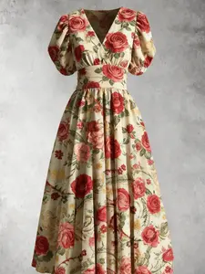 Vintage Floral Print V Neck Bubble Sleeve Waist Cinched Maxi Dress, Elegant Beach Vacation Style Long Dress for Spring Summer