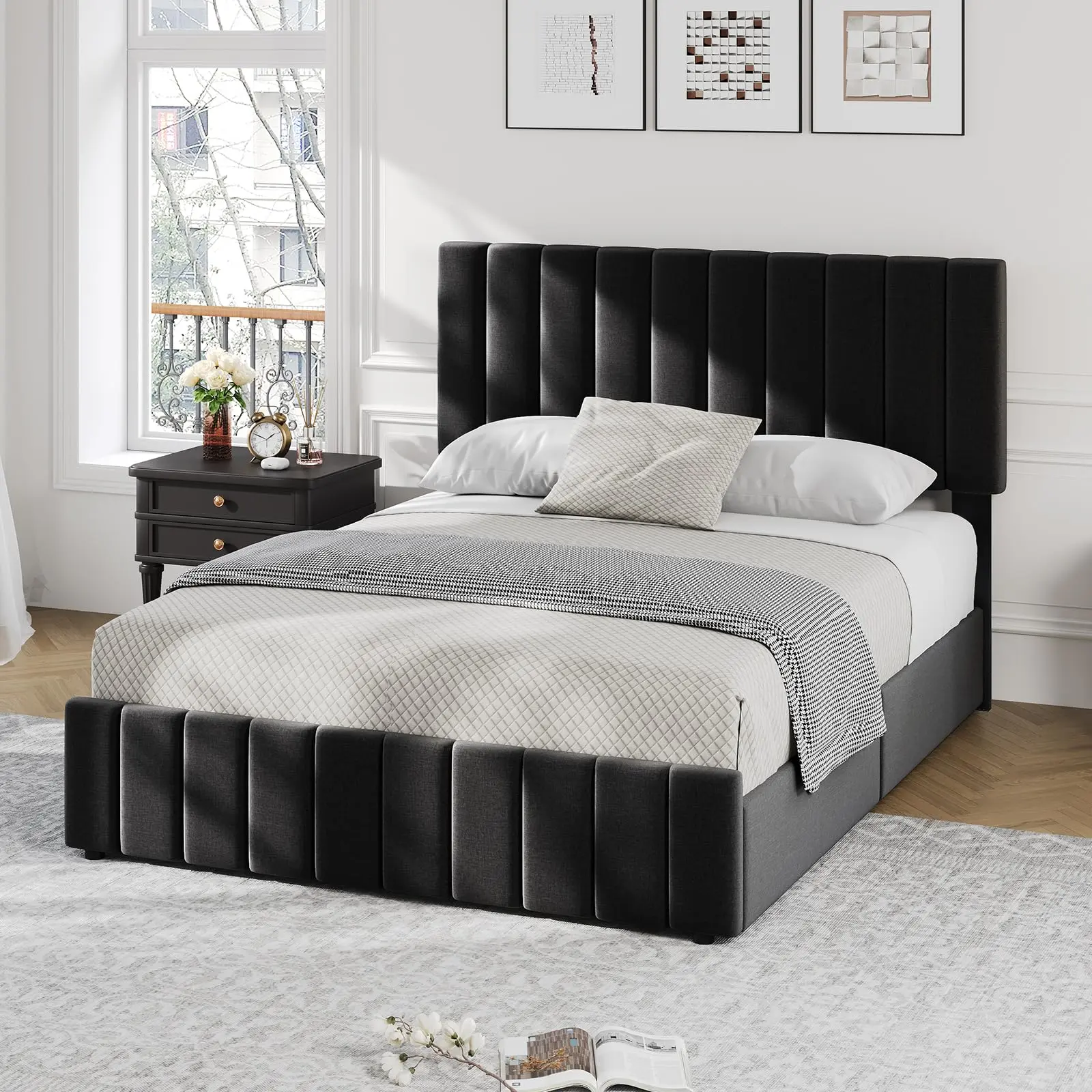 Garvee Full Size Fabric Bed Frame with 4 Drawer Hidden Storage Compartment, Linen Upholstered Headboard Bed Frame with Adjustable Headboard, Strong Wooden Slats, Noise-Free, No Box Spring Needed, Easy Assembly, Black, Full Size Bed, Headboard Bed Frames