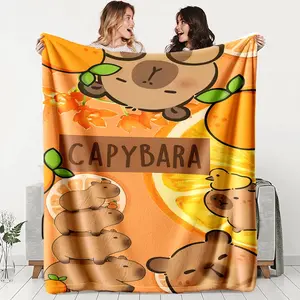 Cute Capybara Theme Flannel Throw Blanket, Soft Lightweight Warm, Perfect for Bed Sofa Office Camping Travel, Ideal Fall Winter Gift