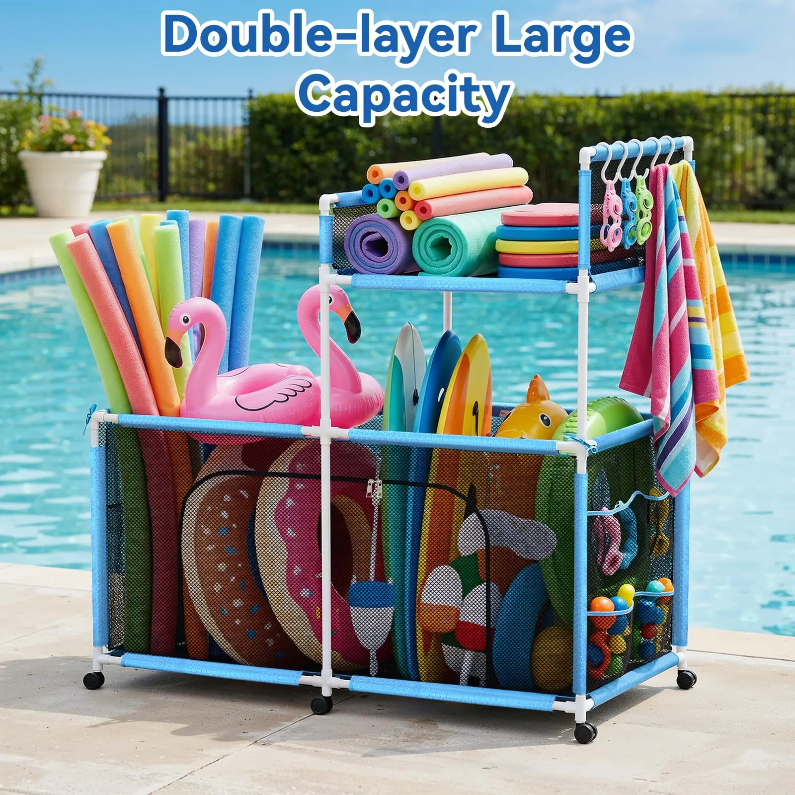 Pool Float Storage, 283 Gallon Large Double Layer Outdoor Pool Toy Storage Bin with Tear & Sunlight Resistant Nylon Mesh, Rolling Cart for Pool Noodles, Toys, Floats, Balls,Equipment