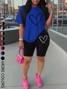Summer New Short Sleeve Shorts Set, Heart Print Sporty Style, Fashionable Comfortable Sports Wear, Women's Casual Simple Outdoor Two-Piece, Sporty Style Outfits