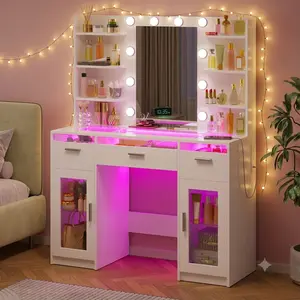 【Summergarden】Modern LED Vanity Desk with Mirror, RGB Lighted Drawers & Glass Top, Makeup Table with Power Outlet, Storage Shelves & Cabinets for Bedroom, White