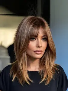 Women's Long Straight Wigs with Curtain Bangs, Gorgeous Fluffy Wigs for Women, Synthetic Full Machine Wigs for Party, Daily Use, Synthetic Material Wigs