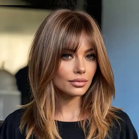 Women's Long Straight Wigs with Curtain Bangs, Gorgeous Fluffy Wigs for Women, Synthetic Full Machine Wigs for Party, Daily Use, Synthetic Material Wigs, Synthetic Hair Wigs