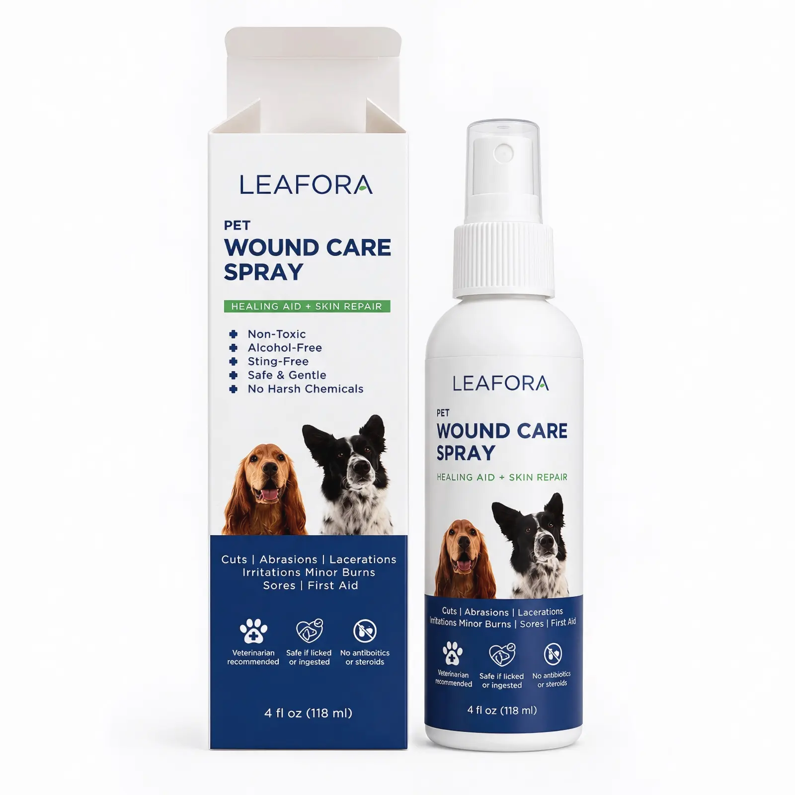 LEAFORA Pet Wound Care Spray, HOCl Skin & Paw Care for Dogs and Cats, Alcohol-Free, Sting-Free, Lick-Safe, 4 fl oz