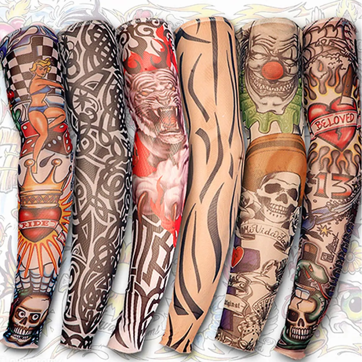 6pcs Unisex Temporary Tattoo Arm Sleeves, Stretchable Nylon-Spandex Kit for Sports & Costumes
