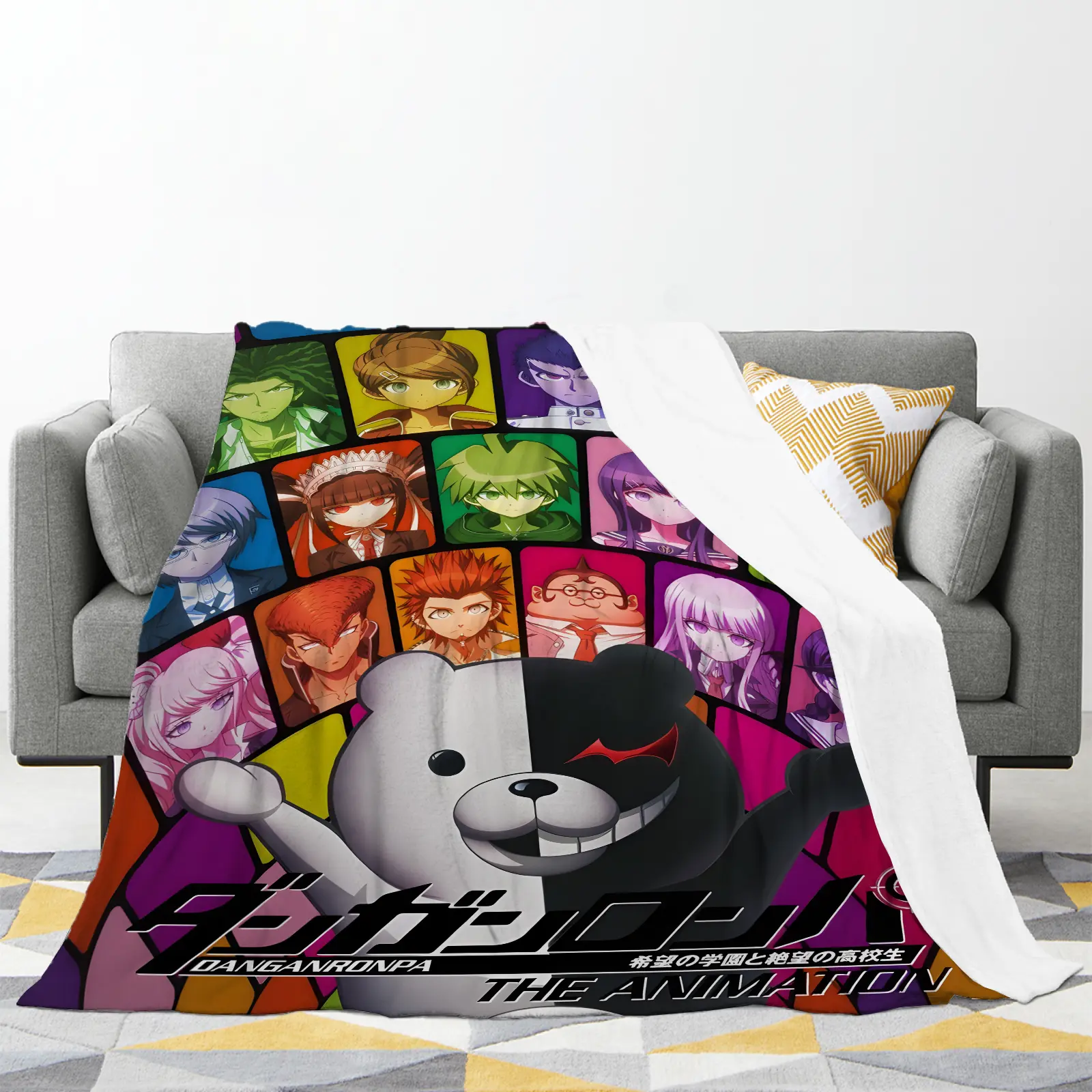 Super Soft Durable Thermal Danganronpa Monokuma Cosplay Blanket for Chair Bed Camp All Seasons, Wonderful Holiday Birthday Gift for Gamers Manga Fans, Non-Fading Luxury Flannel Fleece Throw Blanket Machine Washable Living Room Rug