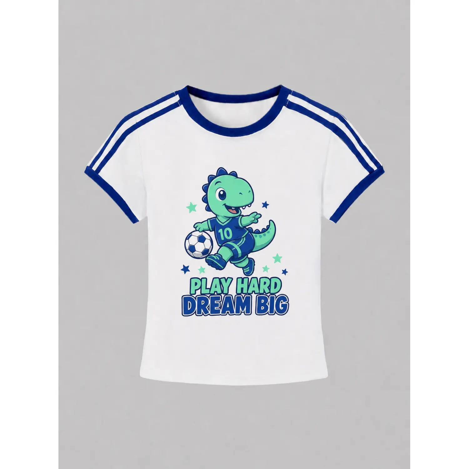 Women's White Soccer Jersey with Blue Trim and "Play Hard, Dream Big" Cartoon Design
